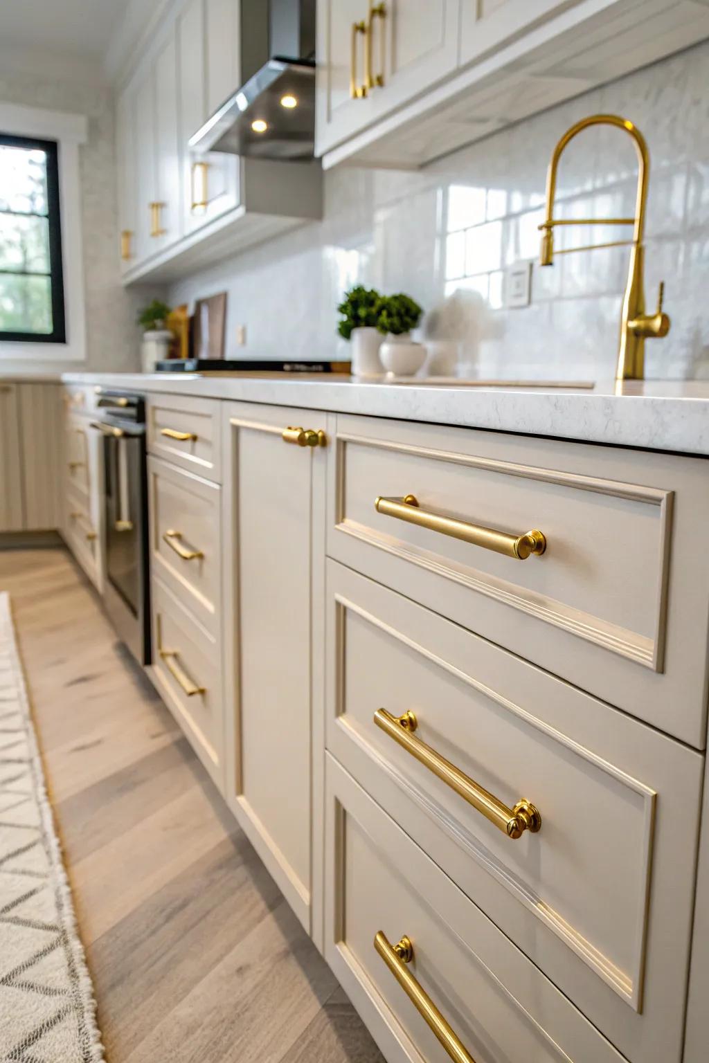 Oversized gold hardware makes a bold statement in this sophisticated kitchen.