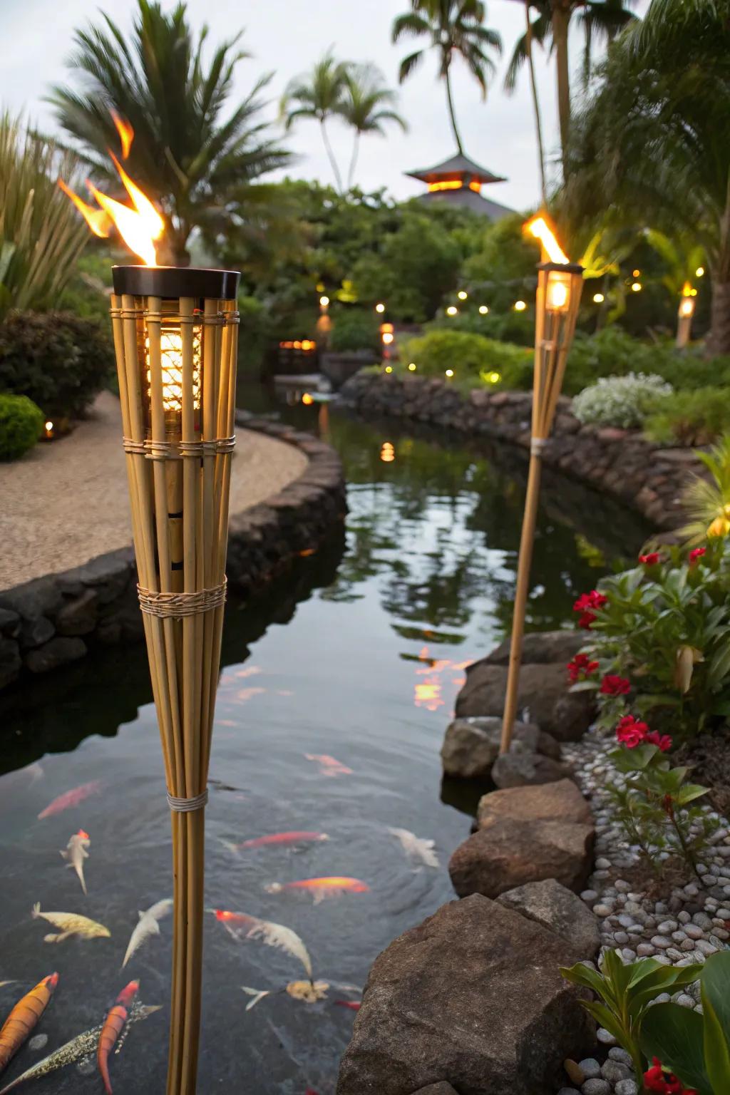 Bamboo torches provide an exotic flair and natural light around the pond.