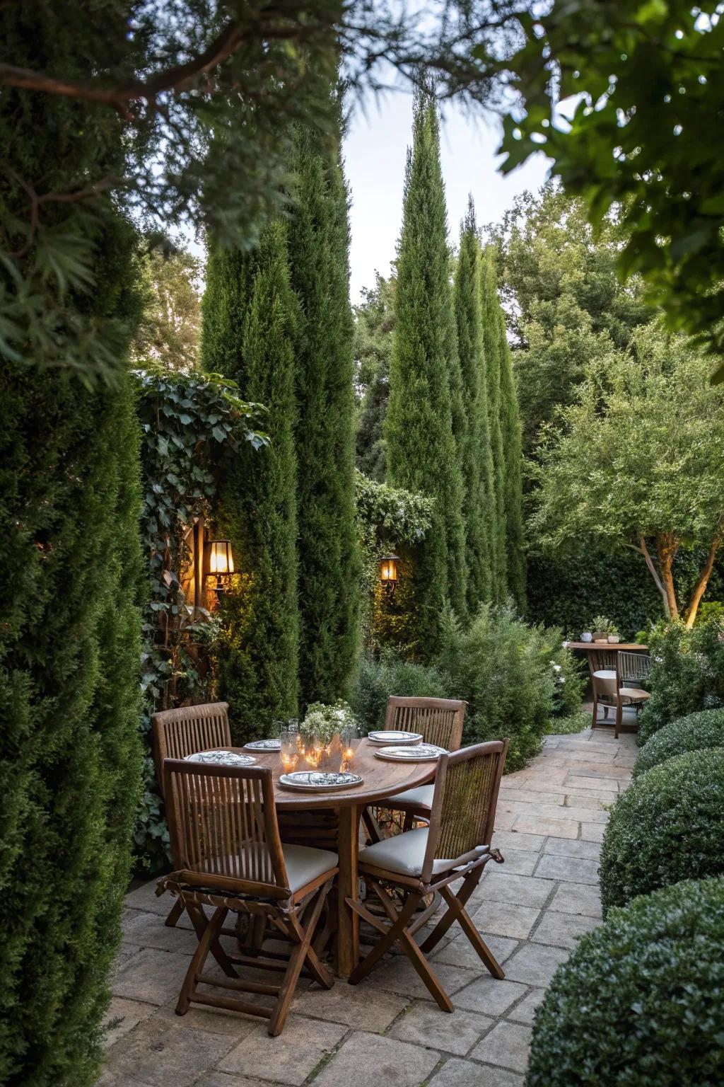 Arborvitae framing an outdoor dining space, offering privacy and ambiance.