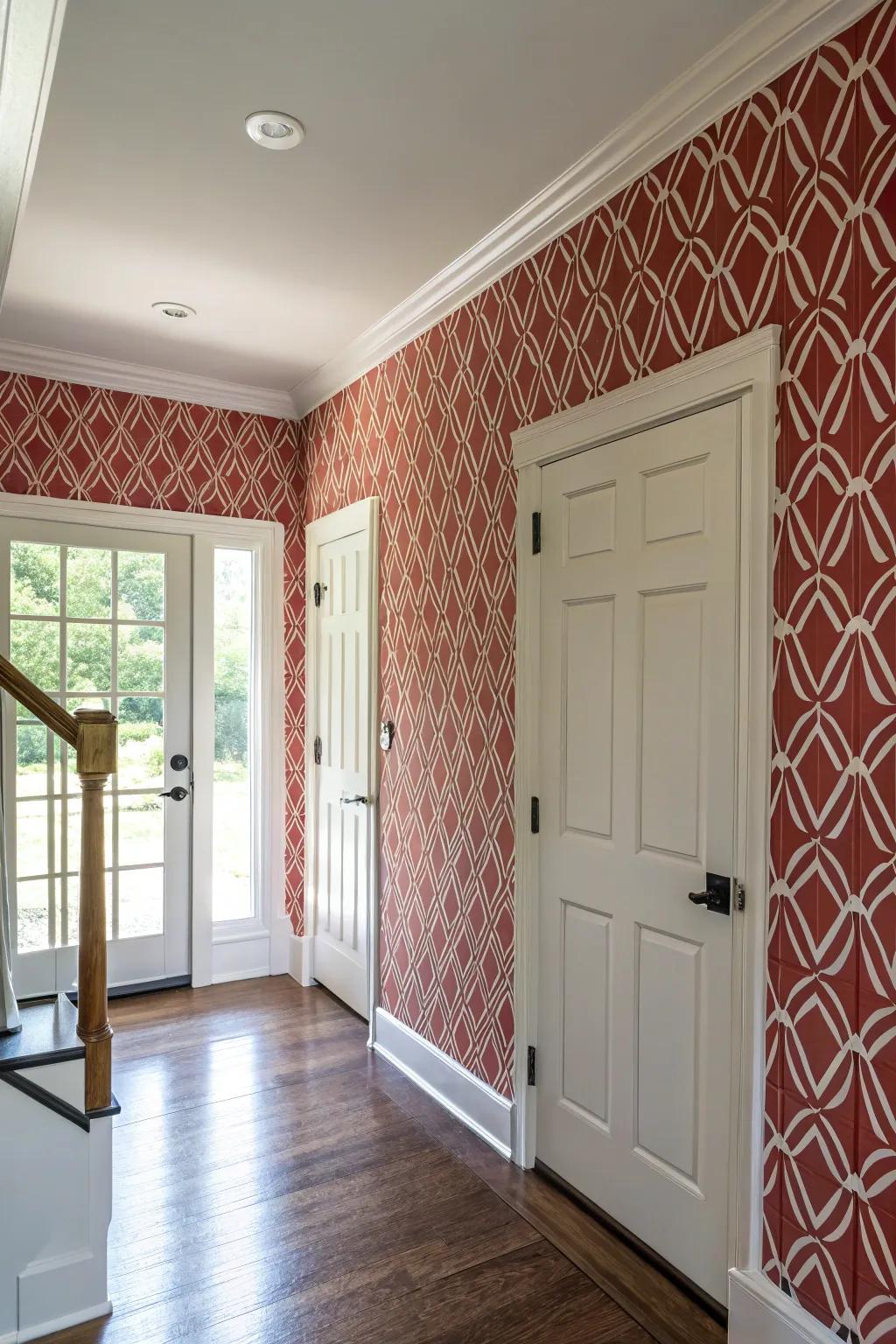 A feature wall adds a dramatic and artistic touch to the entryway.