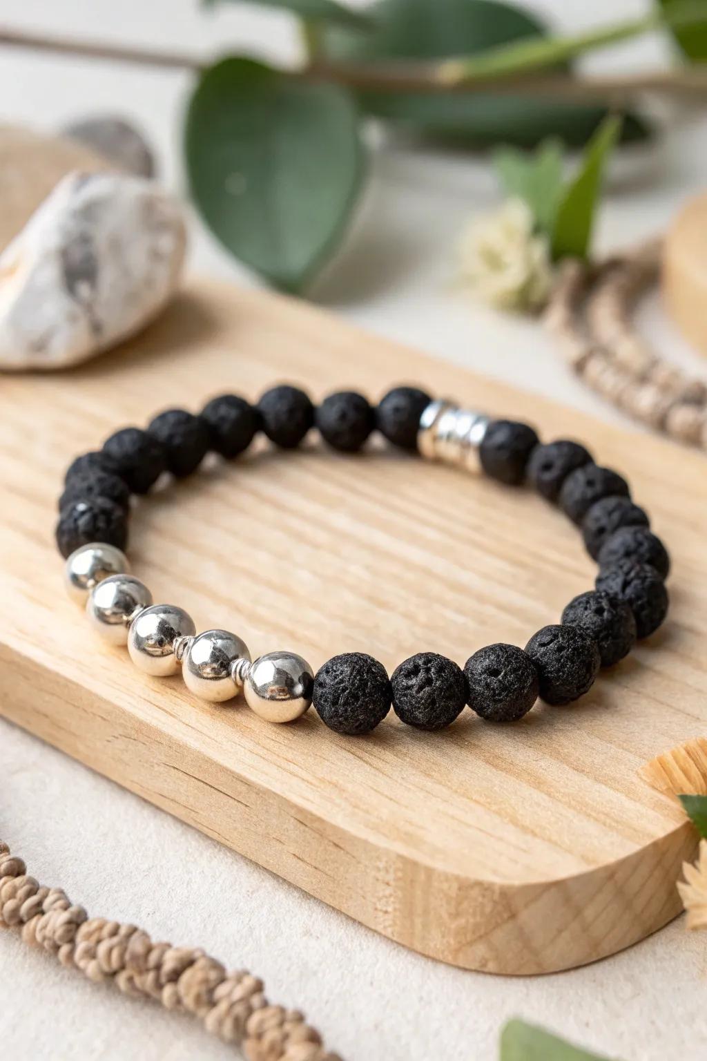 Add a touch of sparkle to your style with this beautifully crafted lava bead bracelet, featuring shimmering metallic accents.