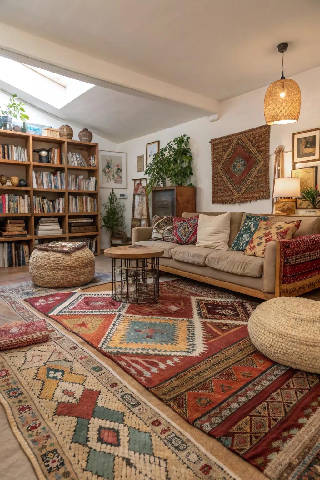 Layering different rug sizes creates a dynamic and balanced space.