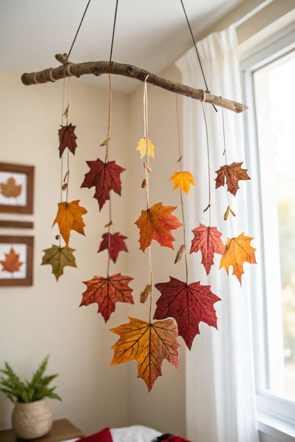 A whimsical leaf mobile bringing nature indoors.