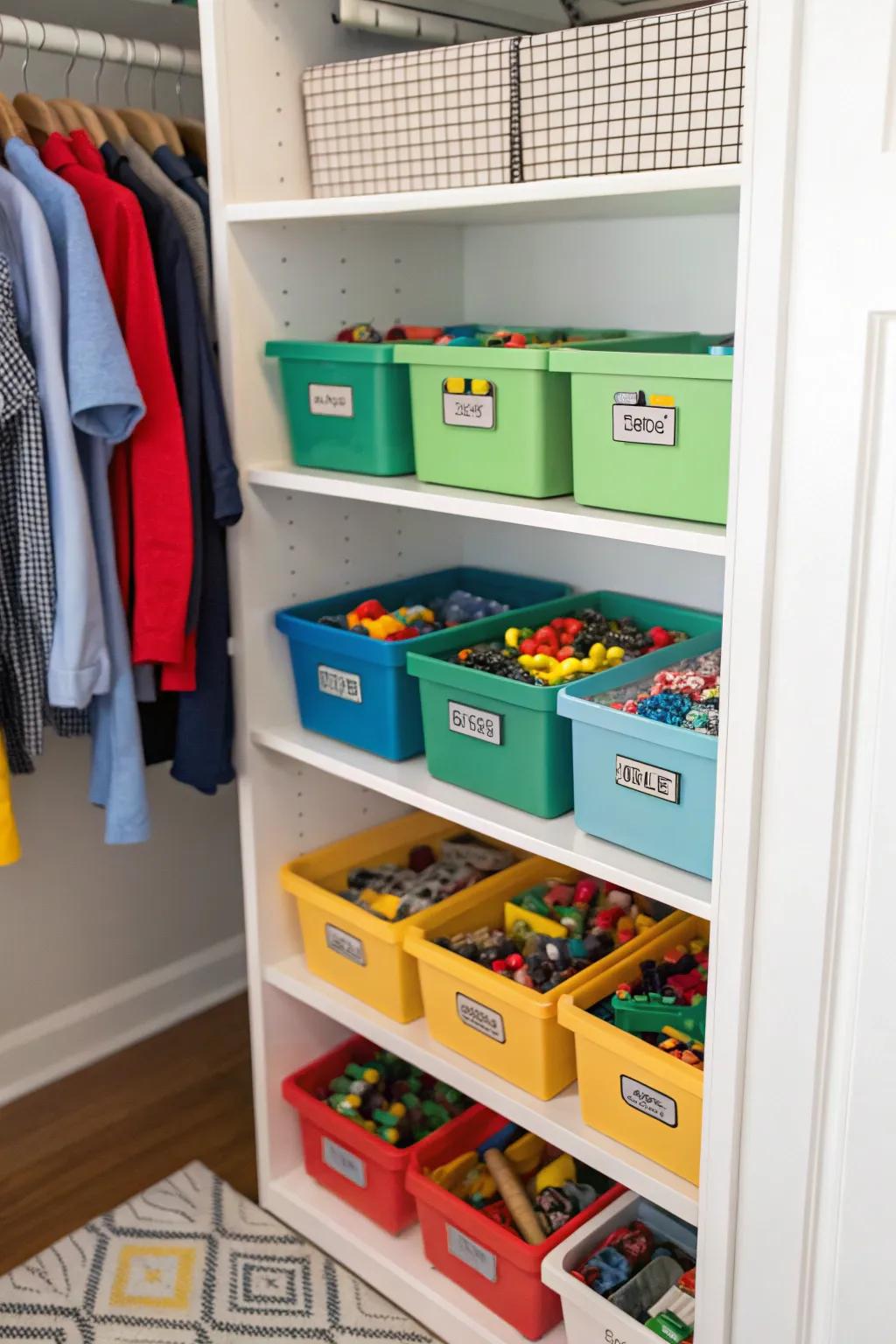 Tidy Lego storage in a dedicated closet.