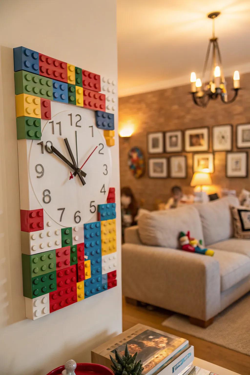 A LEGO clock adds a quirky, personalized touch to this living room.