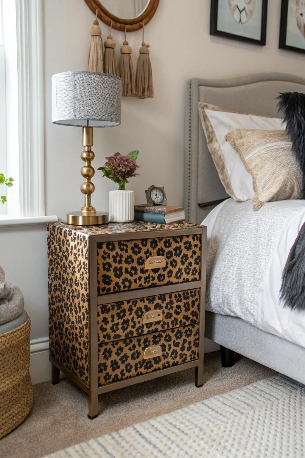 A leopard print bedside table brings a unique twist to a bedroom setting.