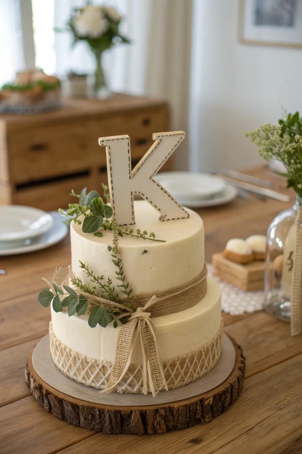 Embrace rustic elegance with this charming K cake, perfect for your next outdoor celebration.