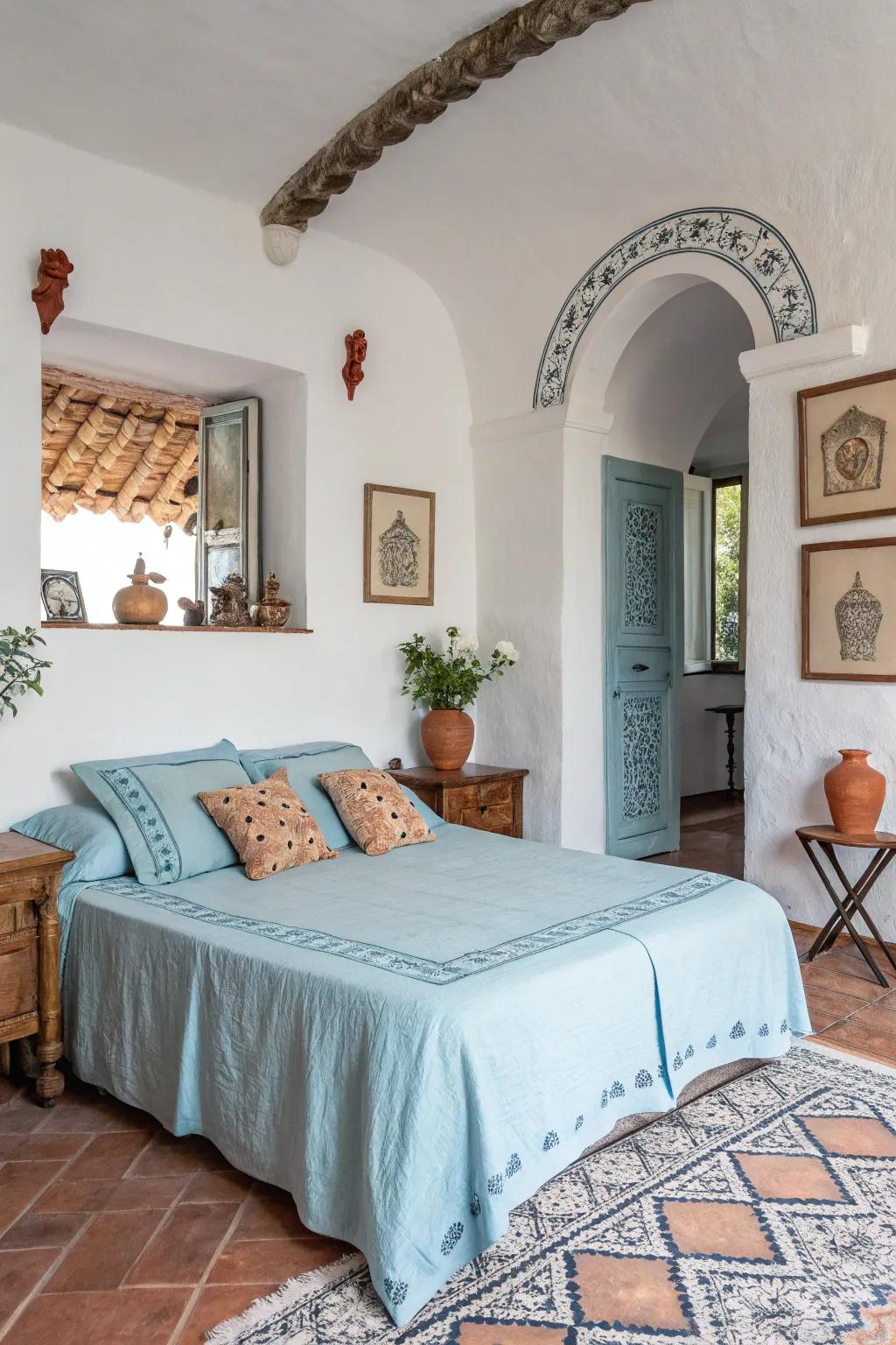 Bring Mediterranean charm with light blue bedding and terracotta accents.