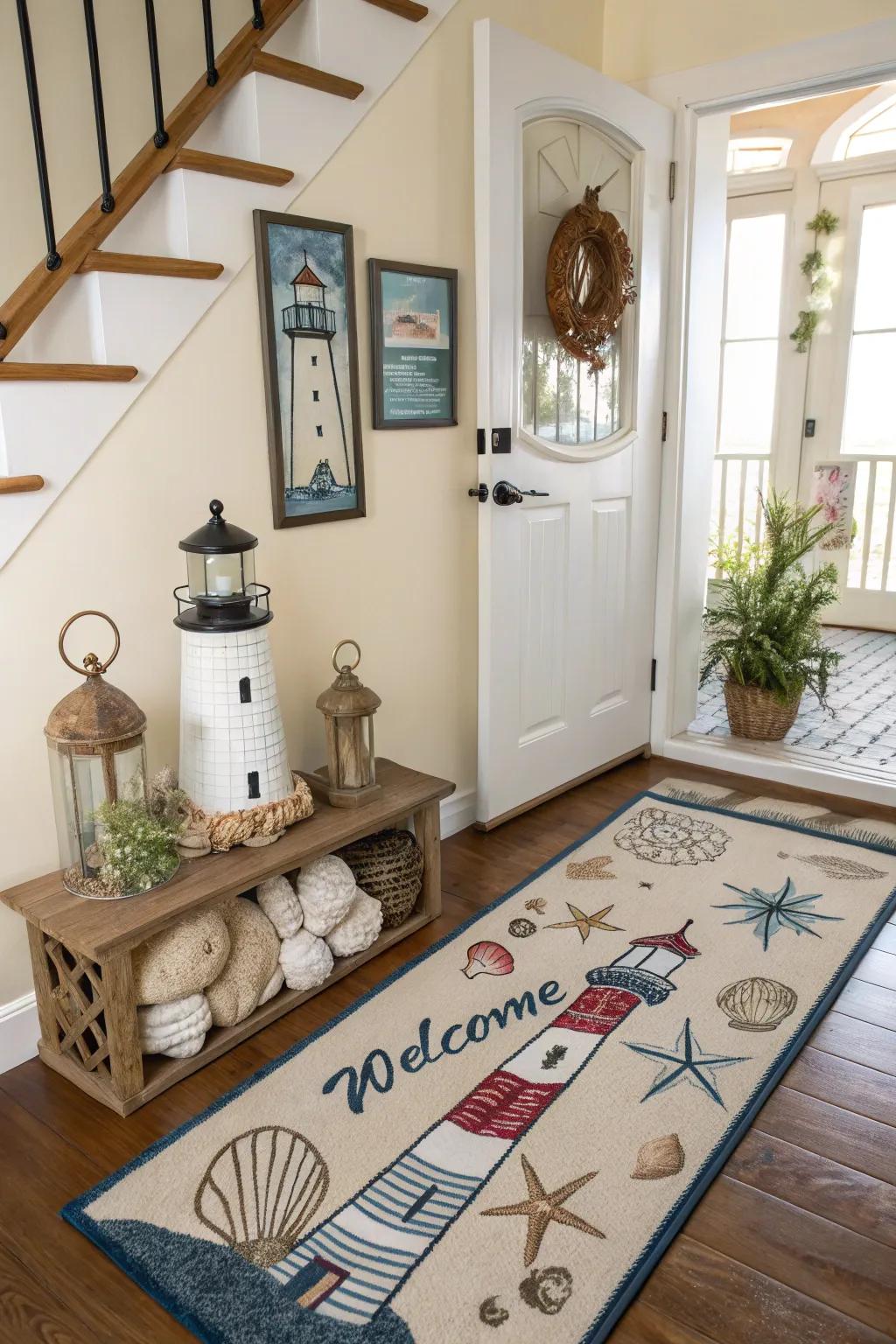 A lighthouse-themed entryway offers a warm coastal welcome