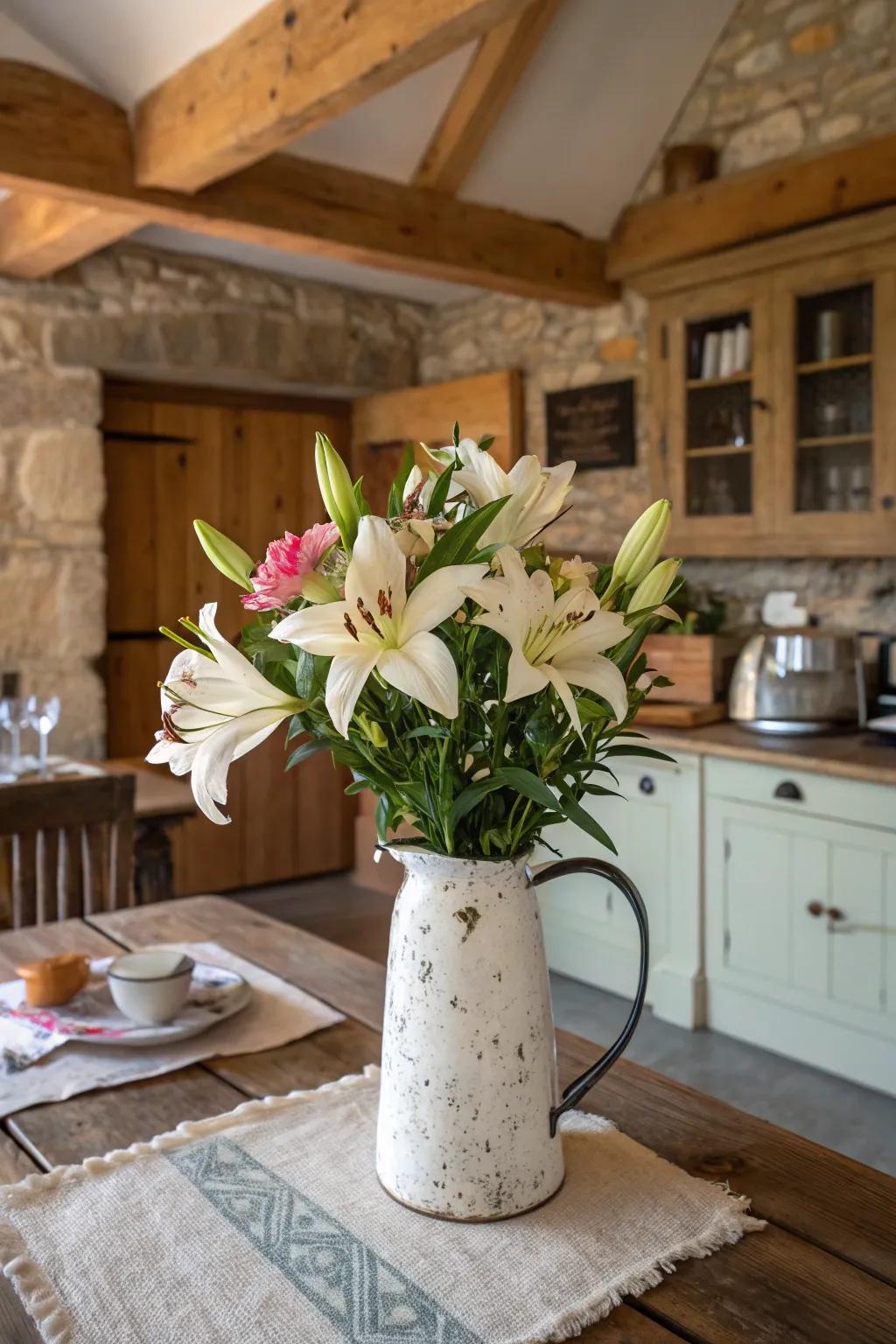 Rustic charm with lilies in a vintage milk jug.