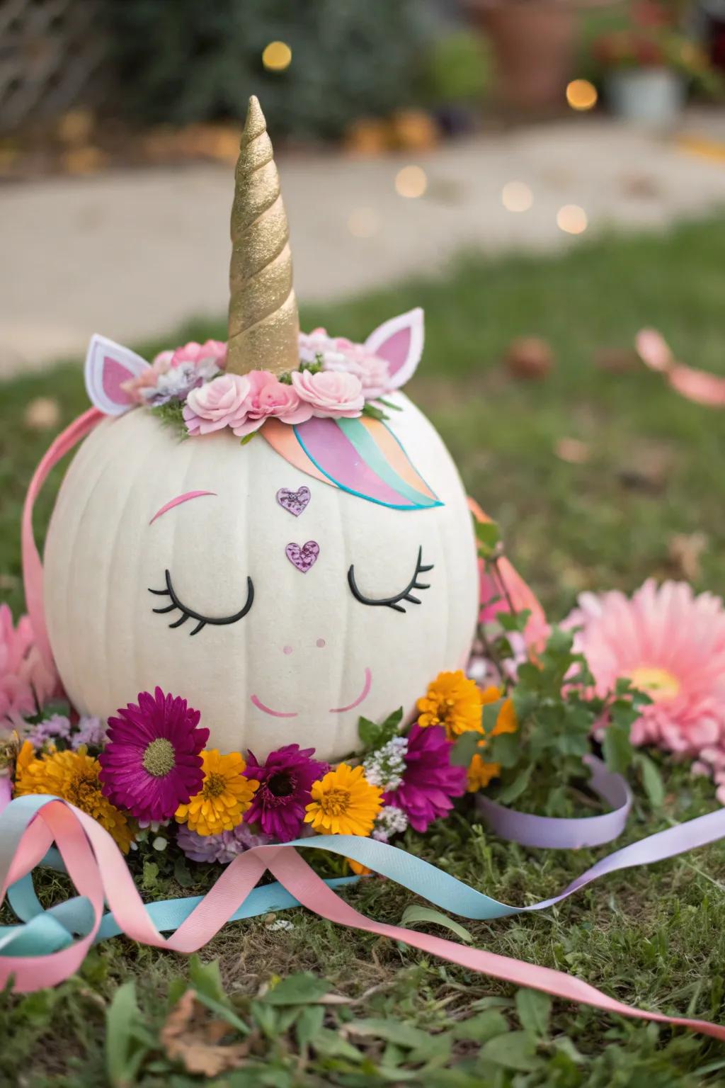 Enchant your home with a unicorn-themed pumpkin that's pure magic.