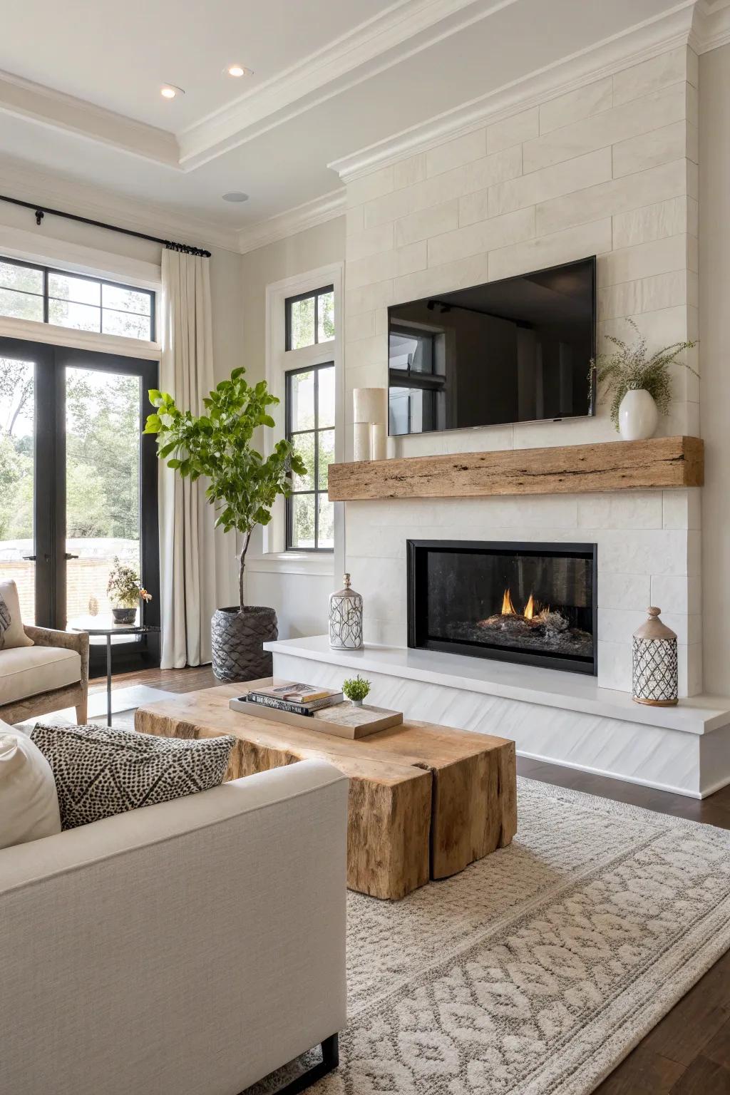 A contemporary living room featuring a live edge mantel within a sleek design.