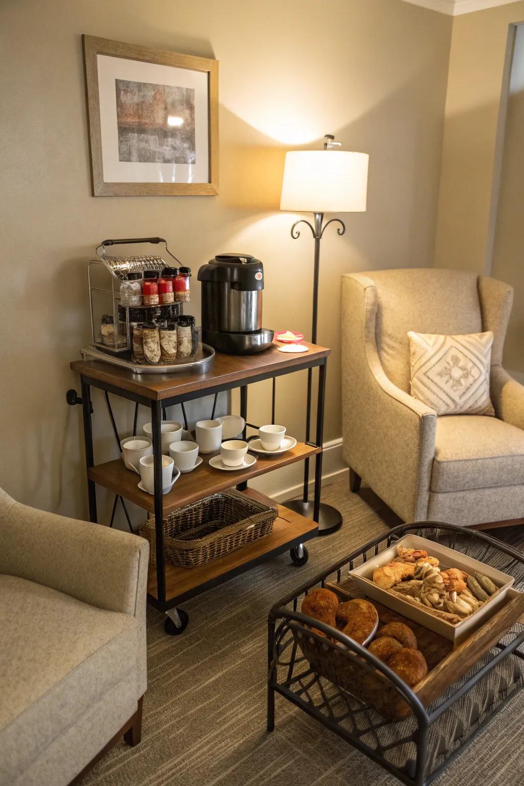 A cozy nook transformed into a charming coffee station.