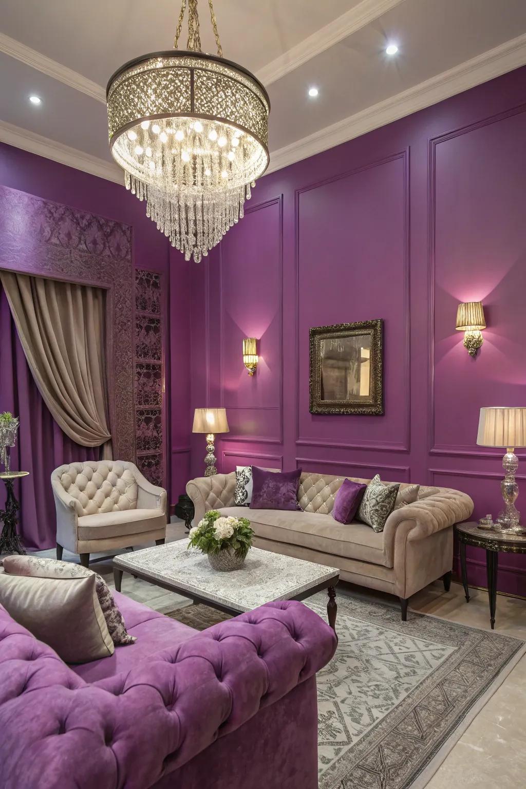 Vibrant purples add luxury and opulence, creating a regal living room look.