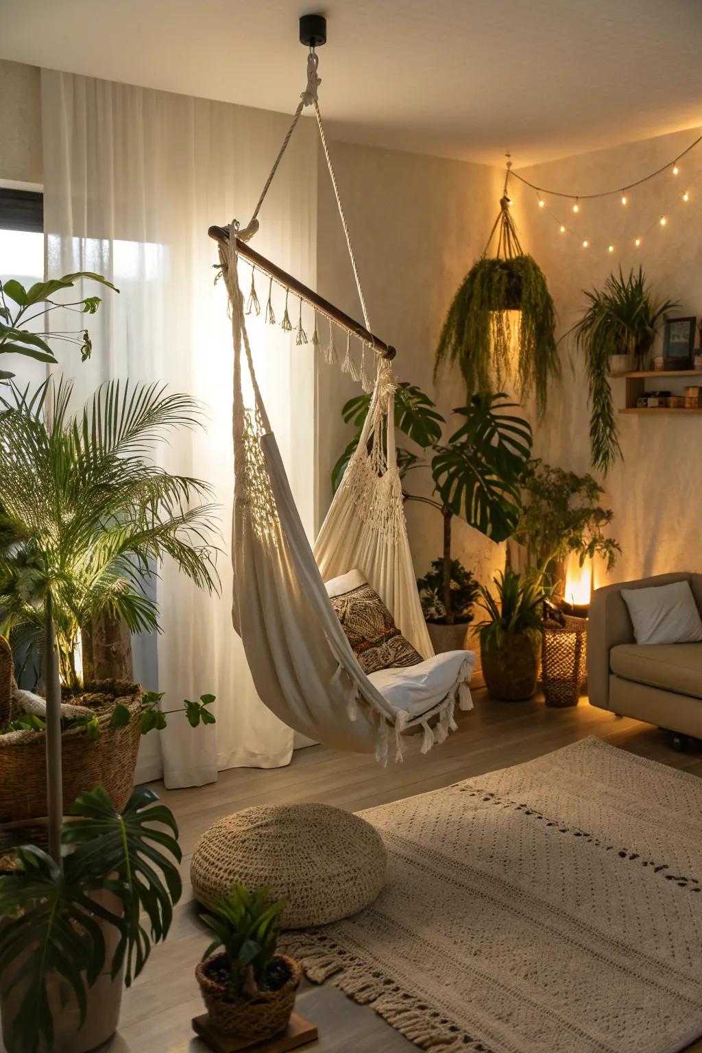 A hammock chair adds a playful and relaxed element to the living room.