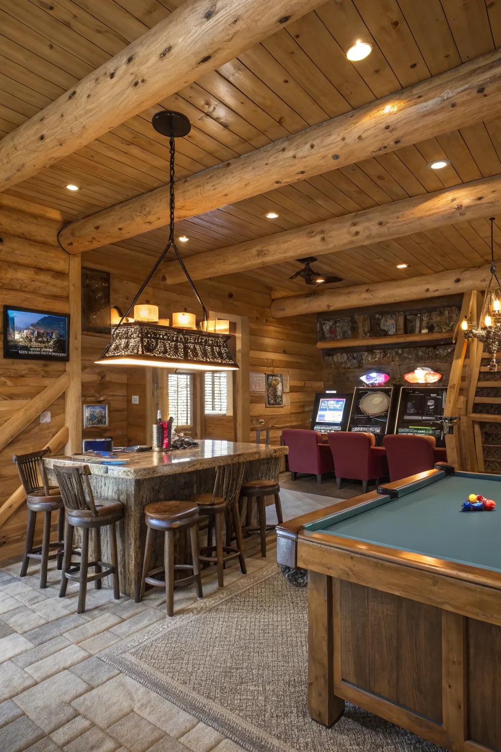 A multi-functional log cabin bar with space for gaming and relaxation.