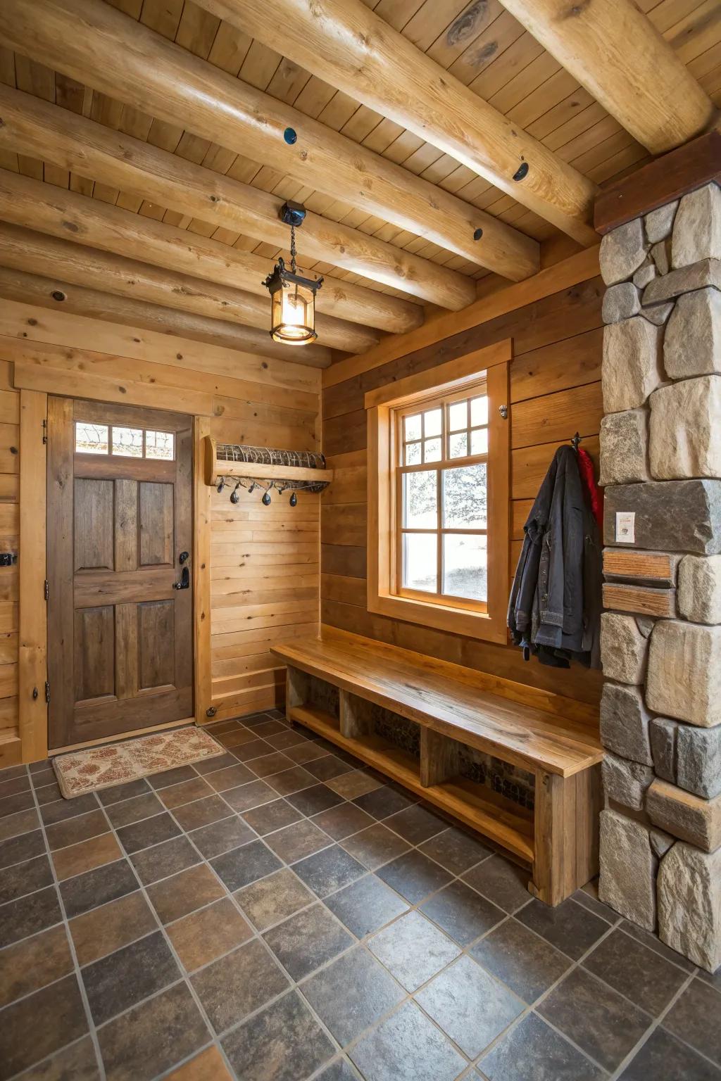 Rustic wood and tile combine for a practical and stylish log cabin mudroom.