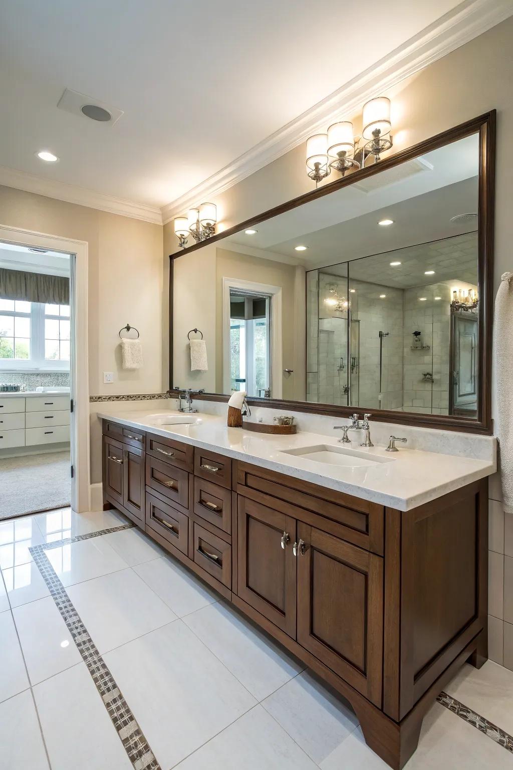 A vanity island creates a luxurious focal point in large bathrooms.