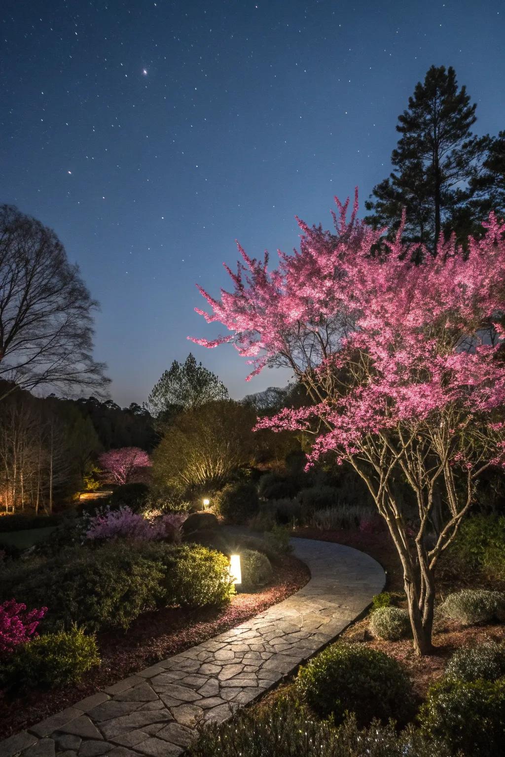 Highlight loropetalum with lighting for a nighttime garden glow.