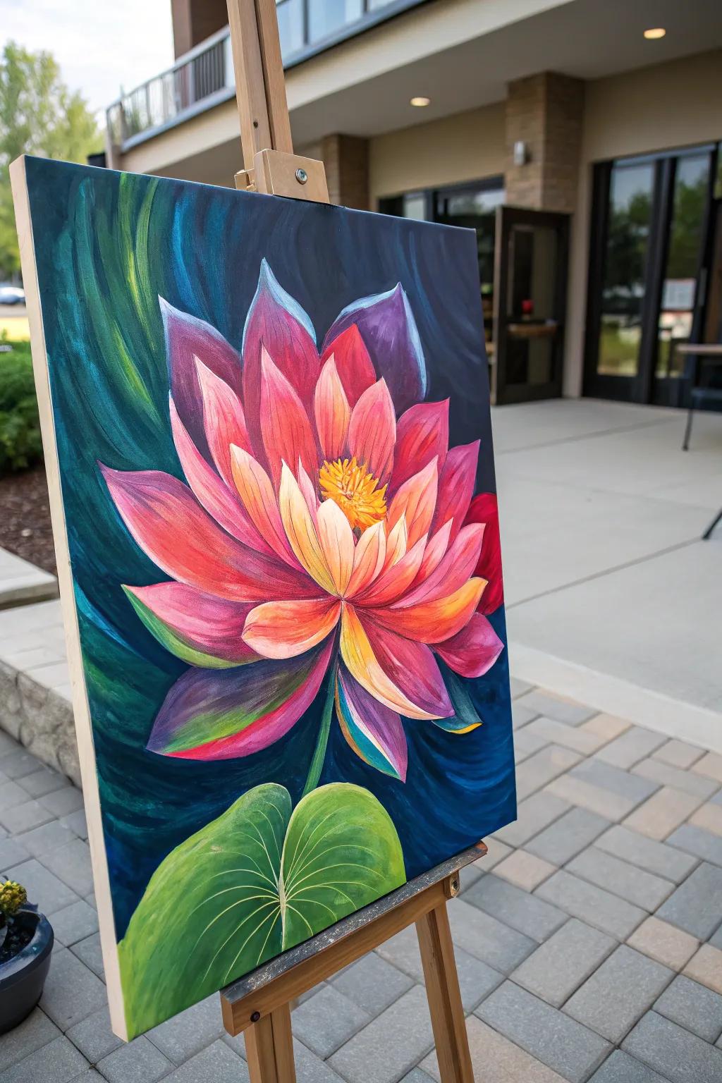 A lively lotus painting with a splash of vibrant colors.