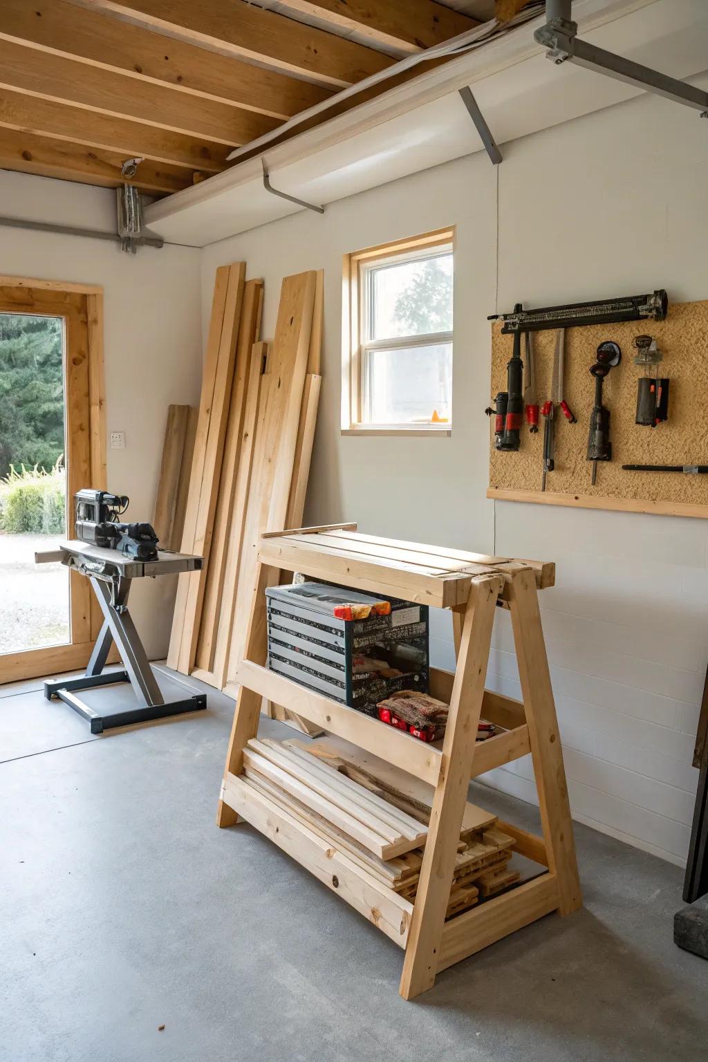 Foldable racks offer portable and temporary storage solutions for lumber.