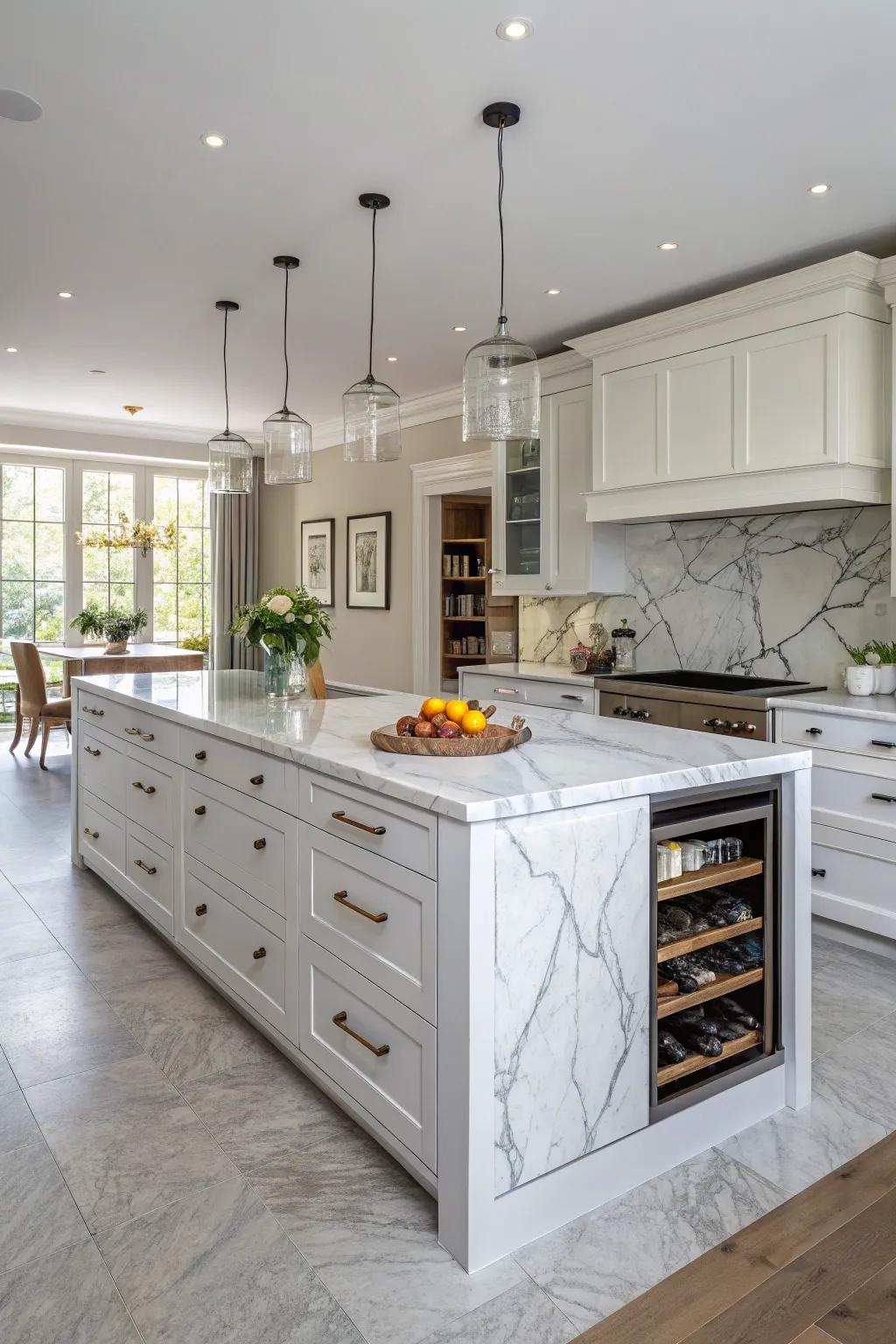 A functional kitchen with a marble island and ample storage.