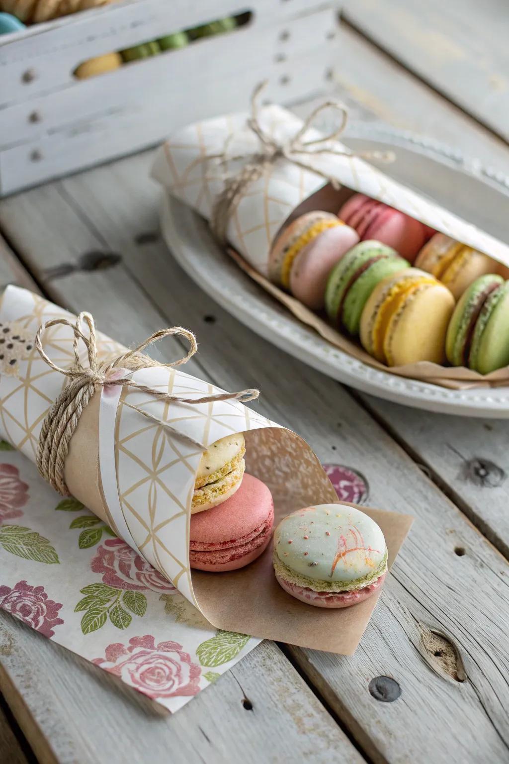 Handcrafted elegance with artisan paper macaron wraps.