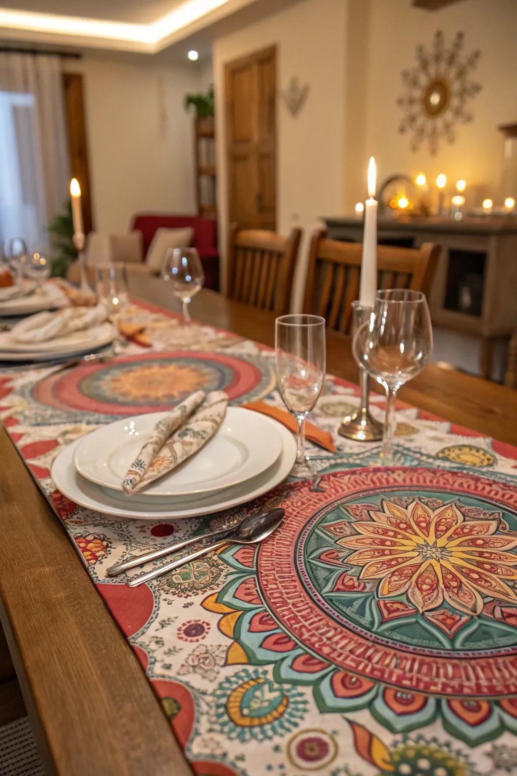 Mandala table runners add elegance to your dining setup.