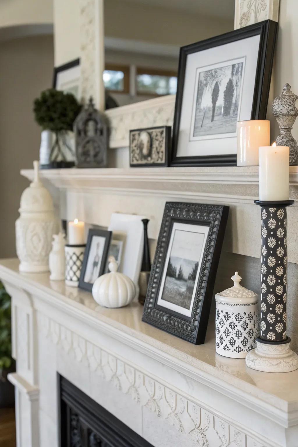 A monochromatic mantel with decor in similar shades.