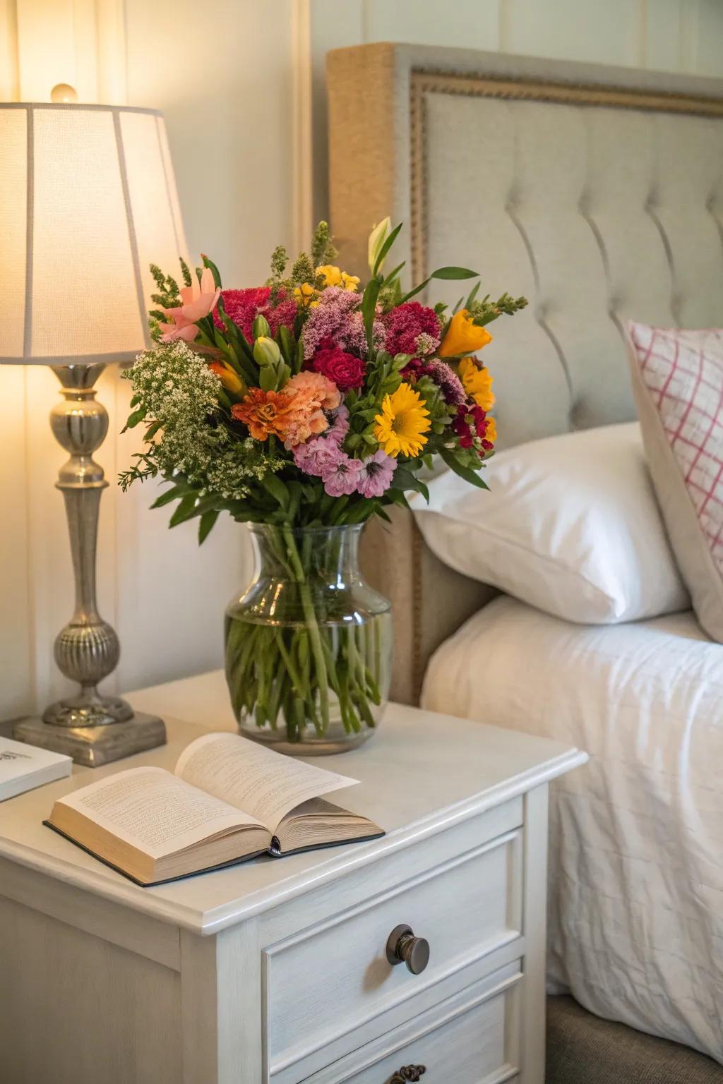 Floral arrangements bring life and color to your bedroom.