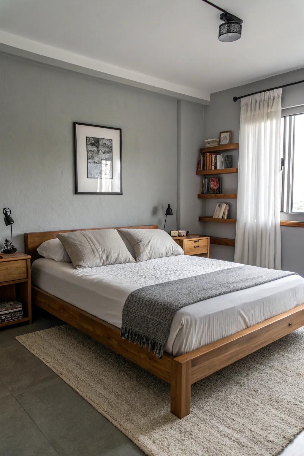 A simple bed frame maintains a clean and uncluttered look.