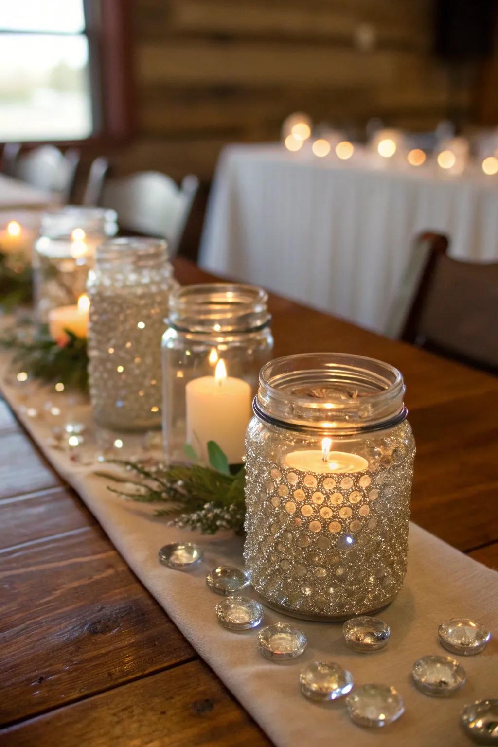 Gemstone-filled mason jars add sparkle and elegance to wedding decor.