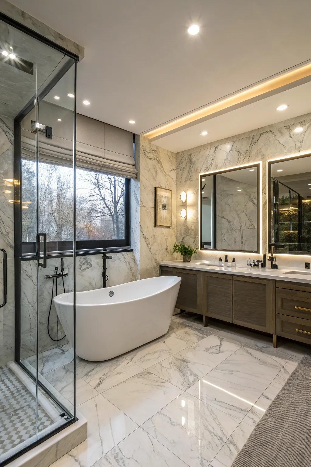 Integrated technology adds modern convenience to this bathroom.