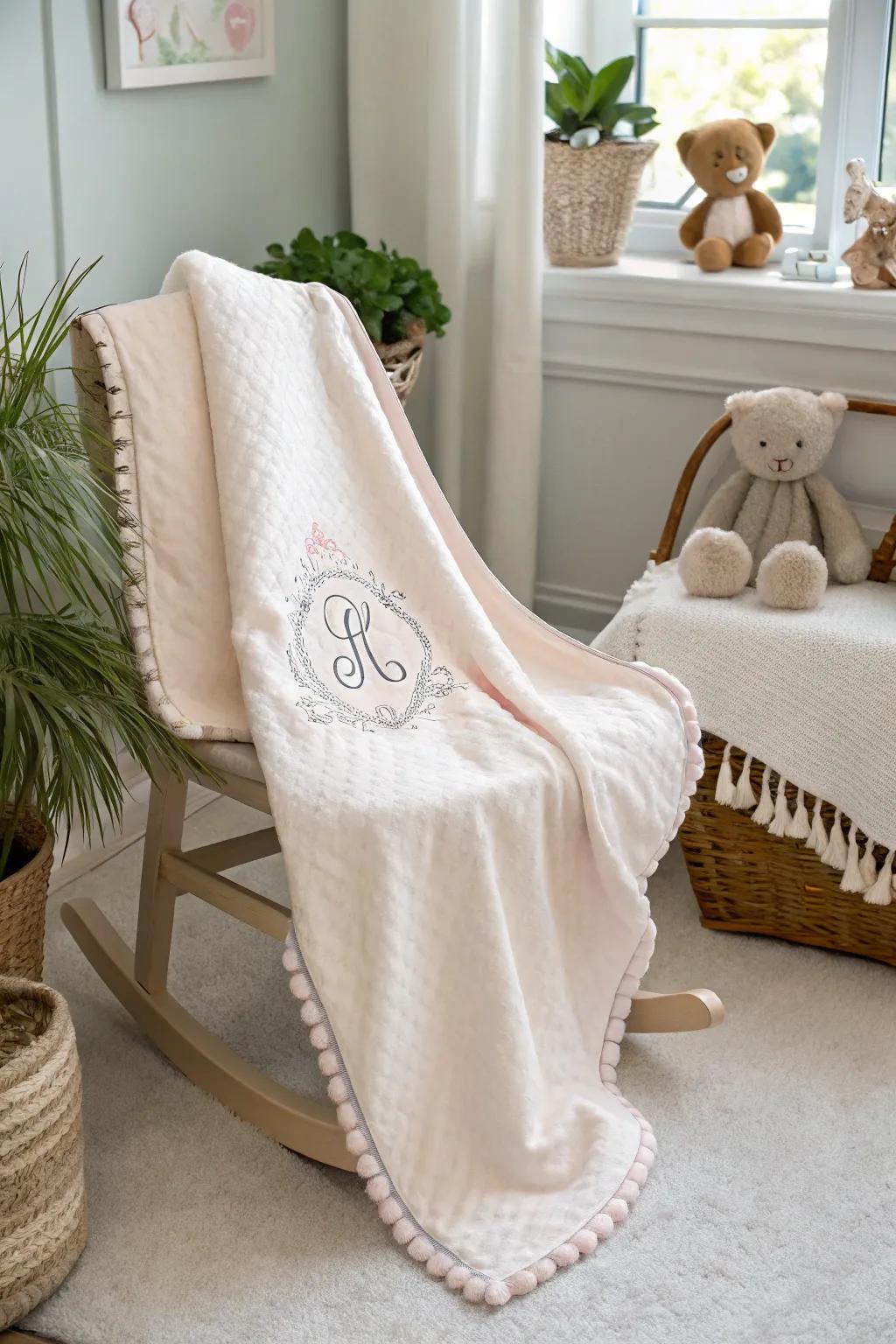 A monogrammed blanket offers warmth and personal touch.