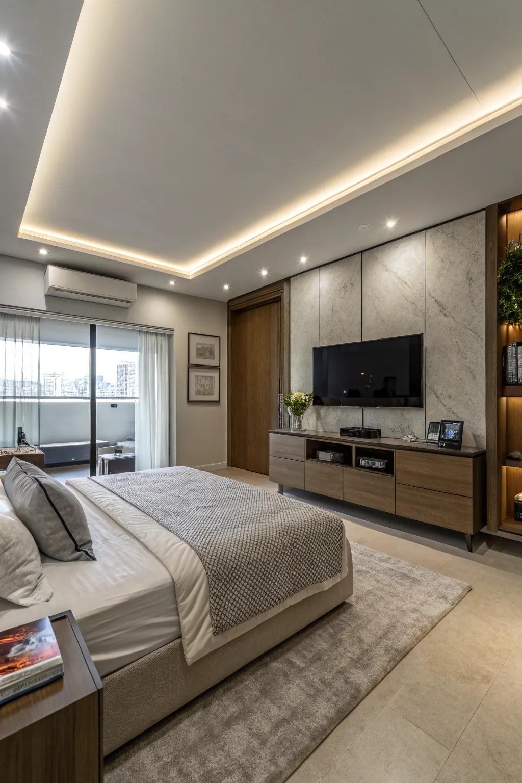 Smart technology seamlessly integrated into this stylish bedroom.