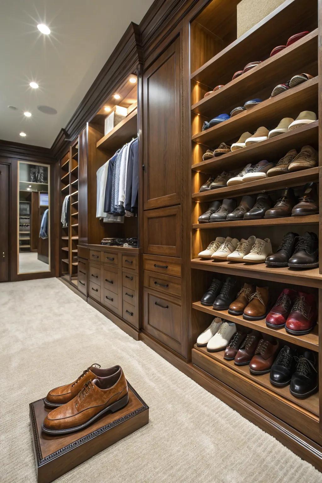 A custom shoe wall showcases your collection with elegance.