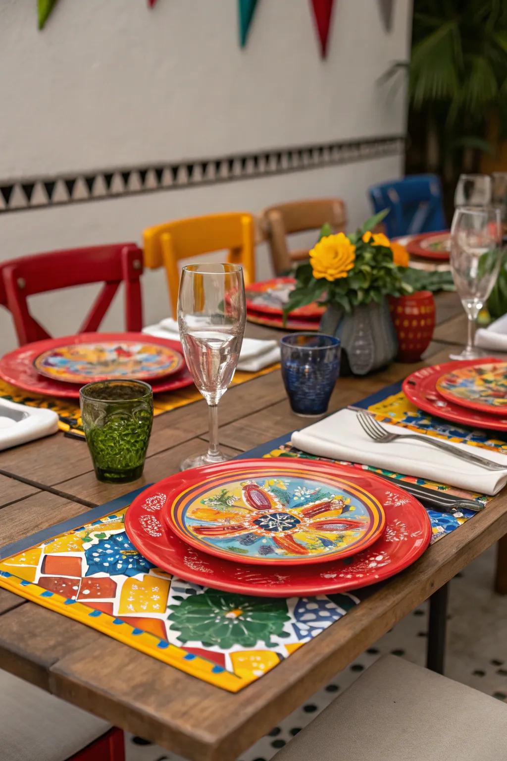 Vibrant Mexican tiles adding charm and color to the wedding table settings.