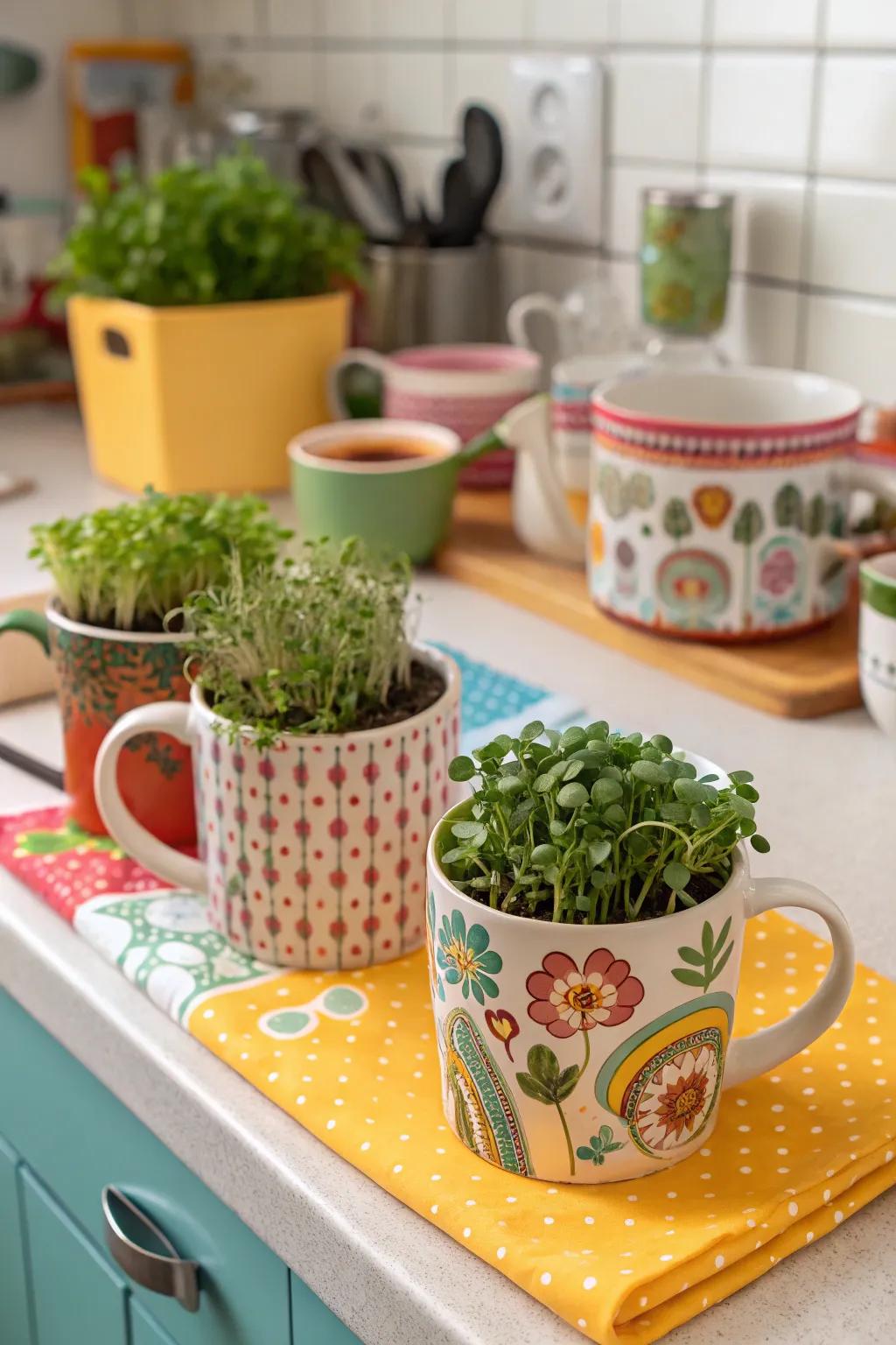 Quirky and personal: Ceramic mugs as microgreen planters.