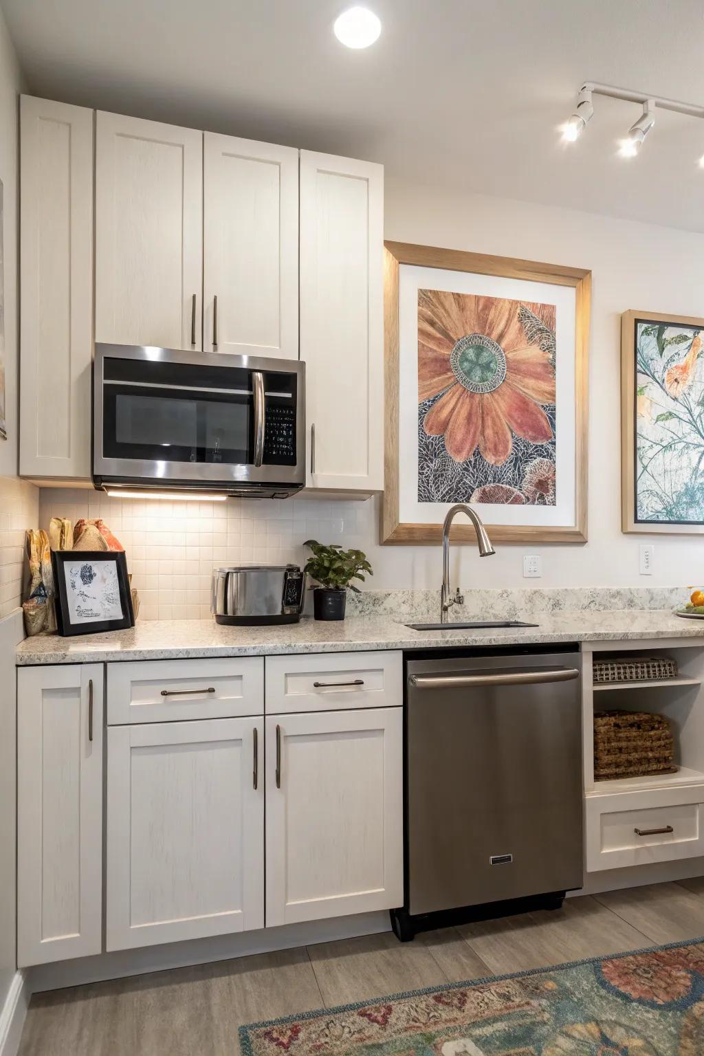 Artfully concealed microwave behind a decorative panel.