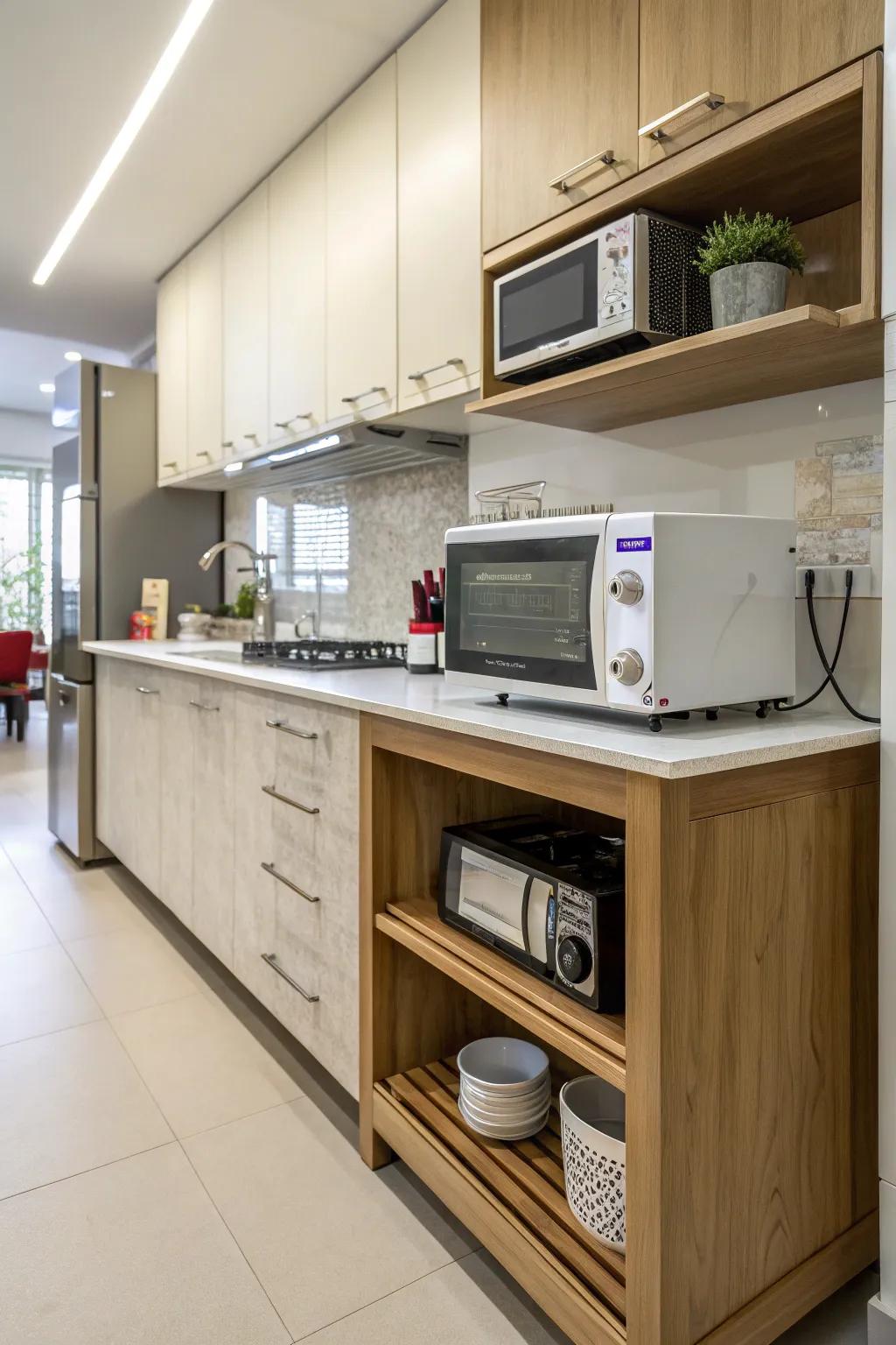 Lower shelves provide easy access to microwaves without occupying counter space.