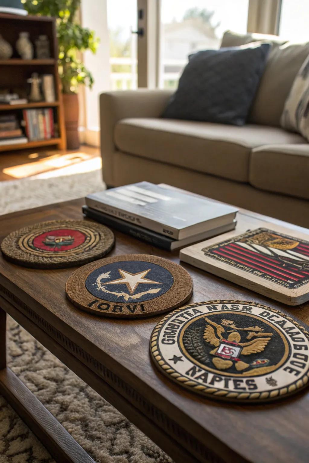 Service-themed coasters are practical and spark conversations.