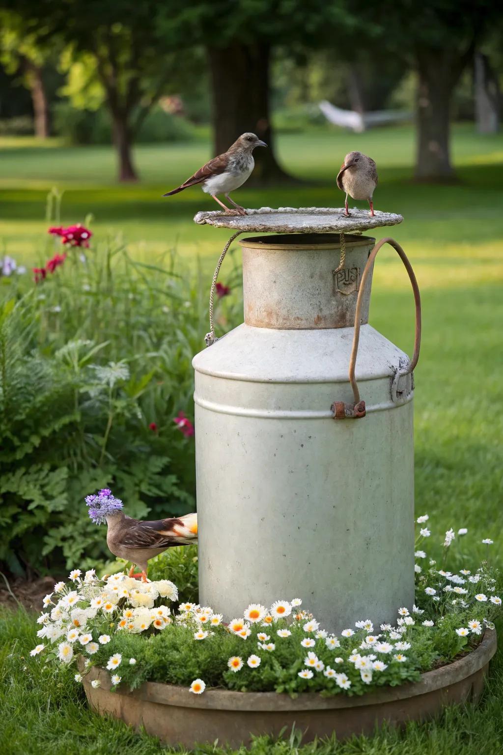 Transform a milk can into a rustic bird feeder.