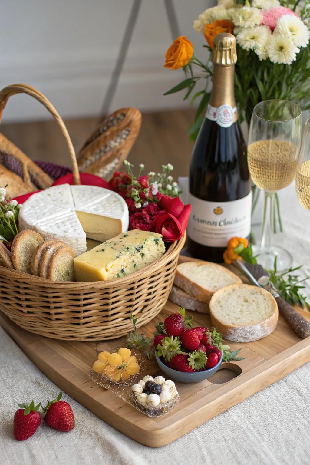 Cheese lover's dream basket with a variety of cheeses.