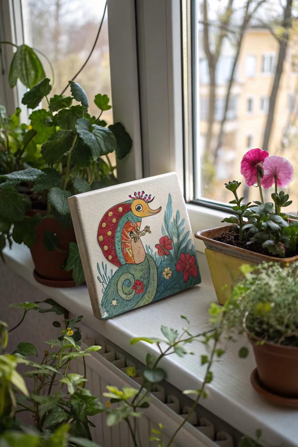 Whimsical art adding a hint of magic to my windowsill.