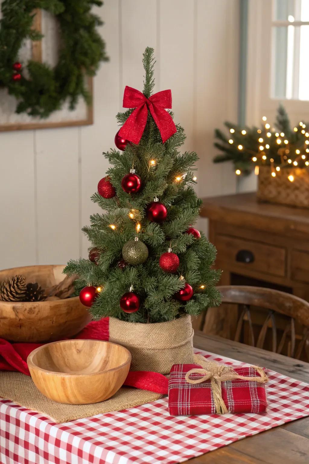 A festive farmhouse mini Christmas tree with red and green elements.