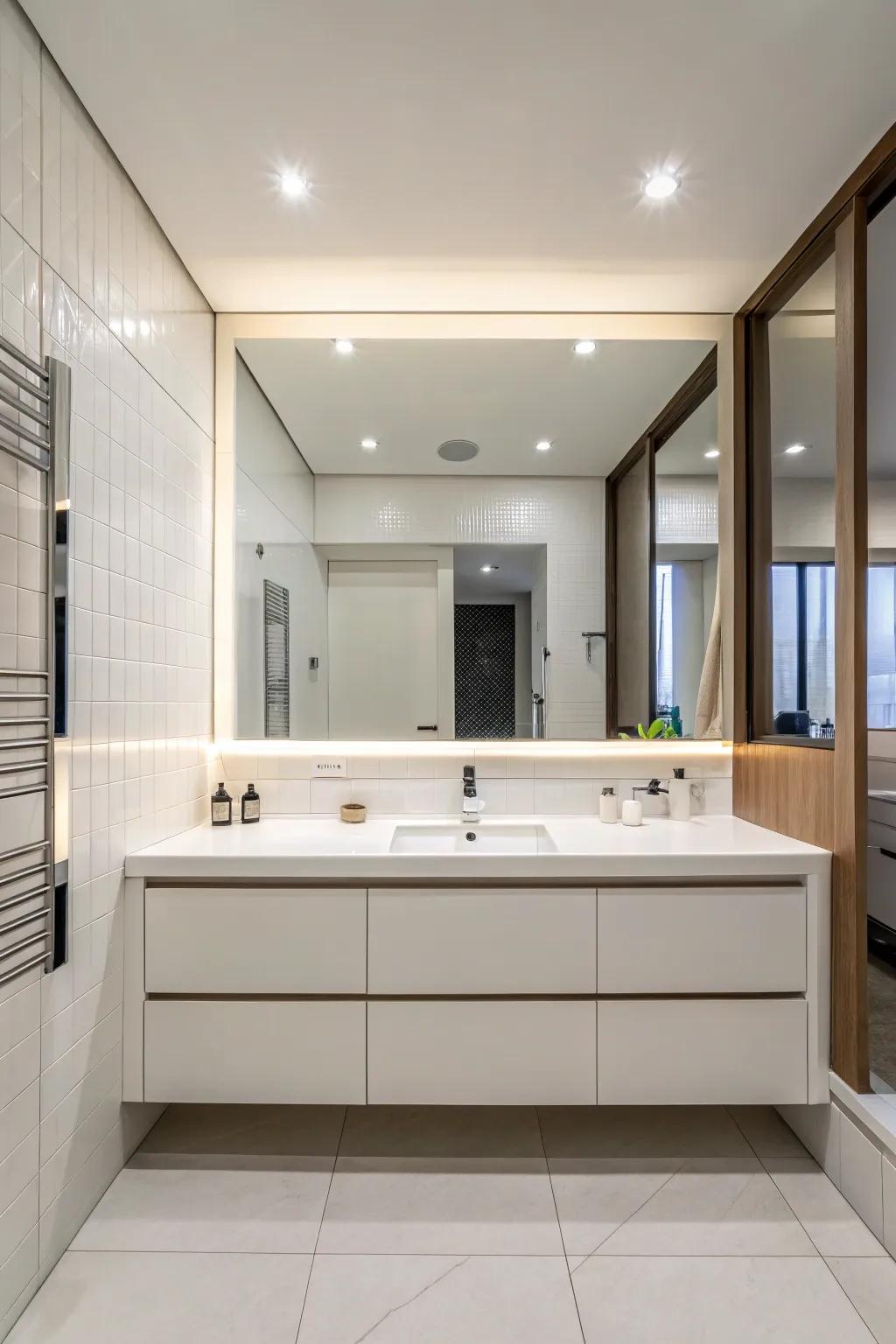 A minimalist bathroom with an airy feel thanks to large mirrors.