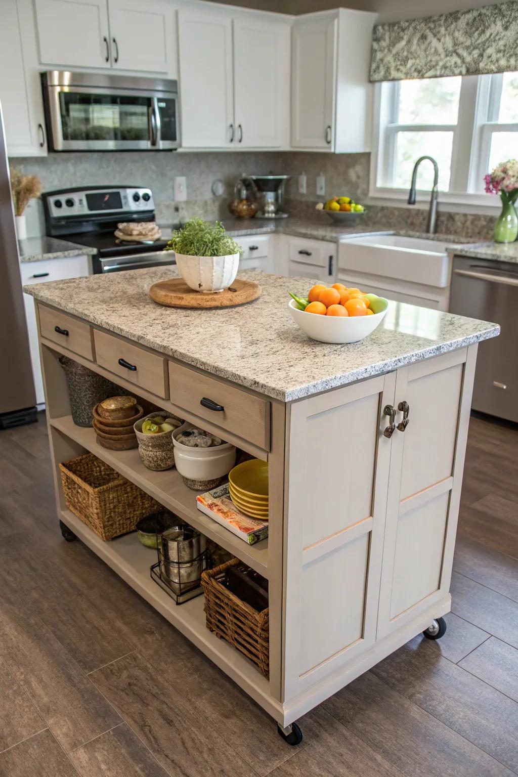 A granite countertop provides durability and elegance to the kitchen island.