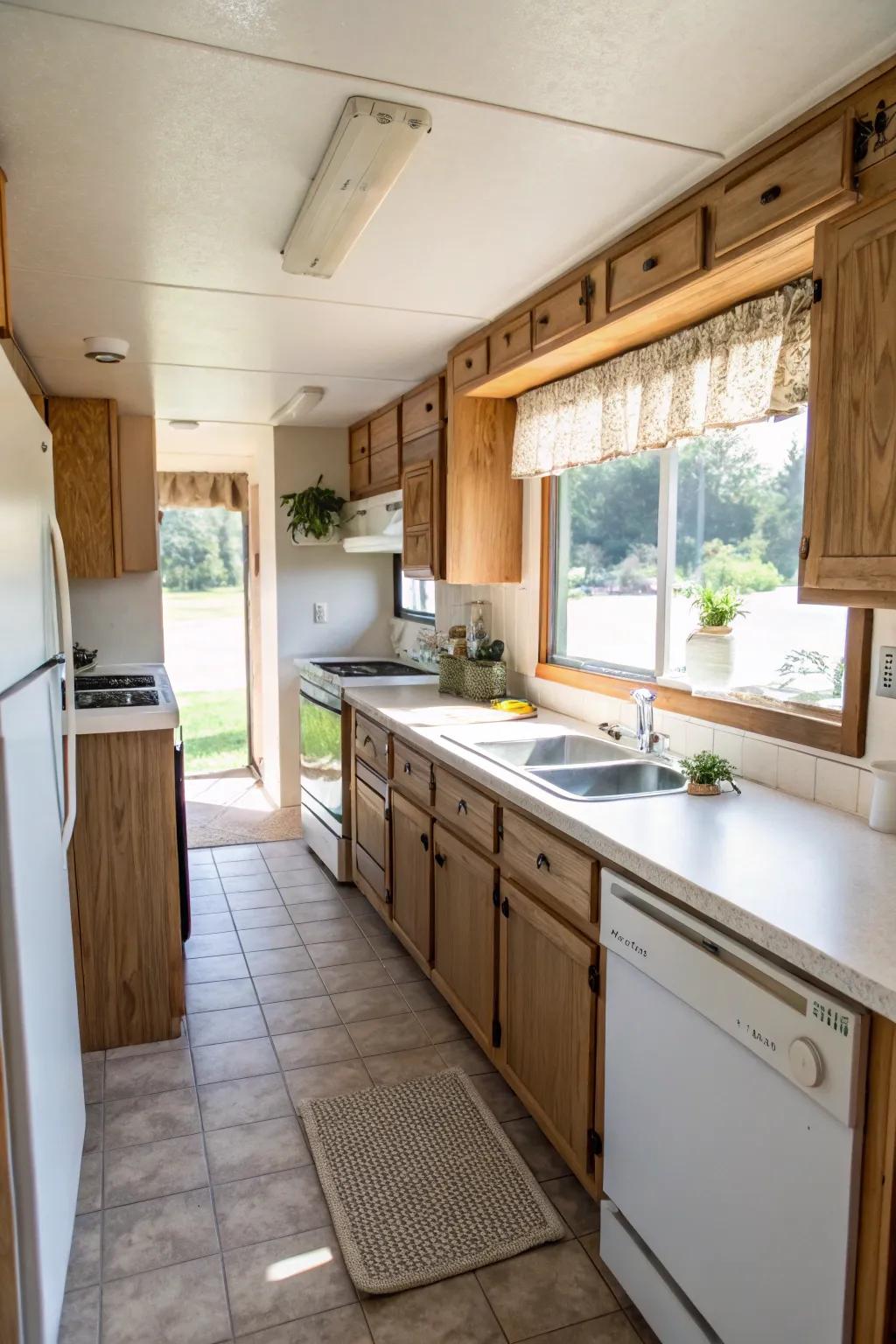 A mobile home kitchen filled with natural light, creating a spacious feel.