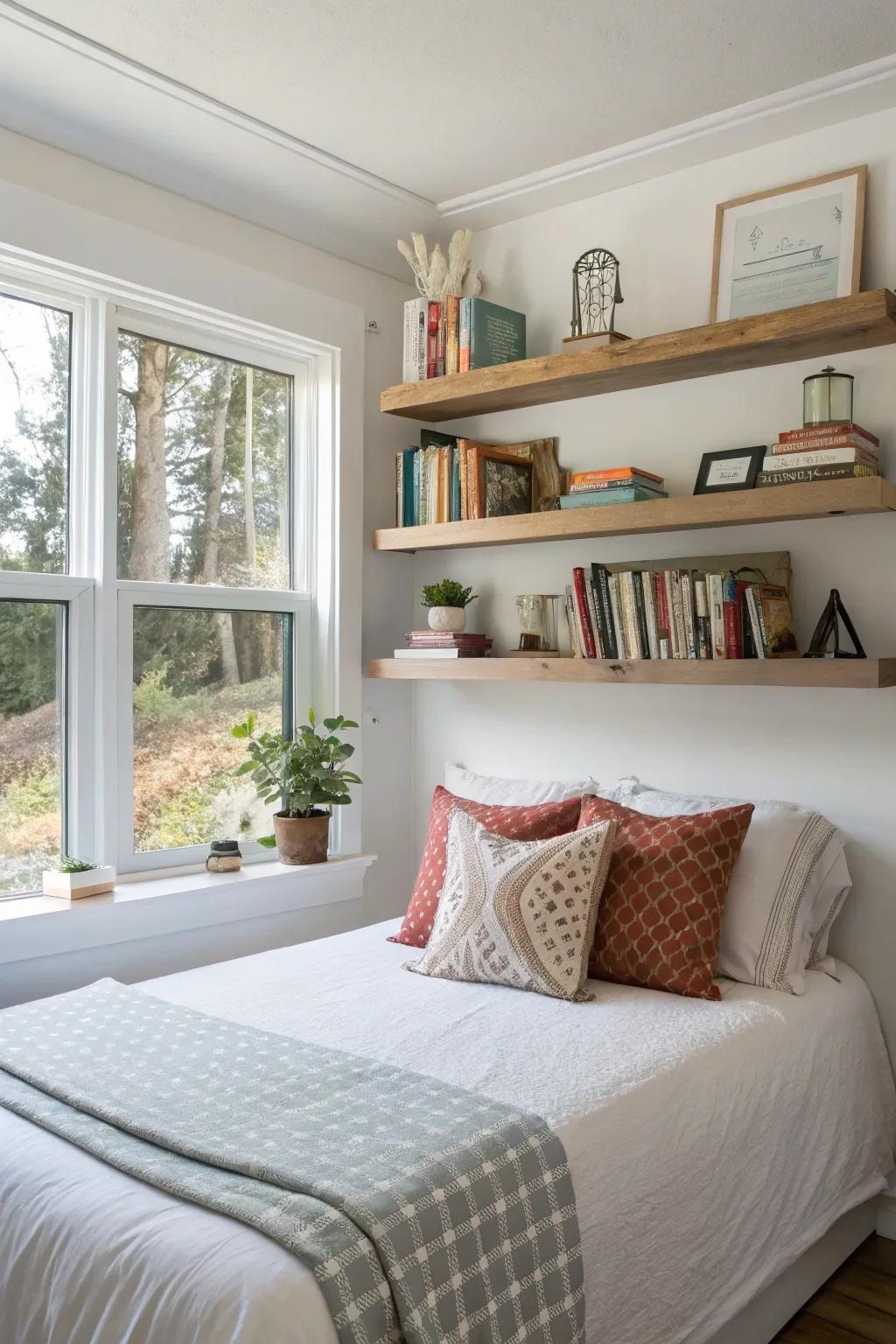 Floating shelves offer stylish and practical storage near the window.