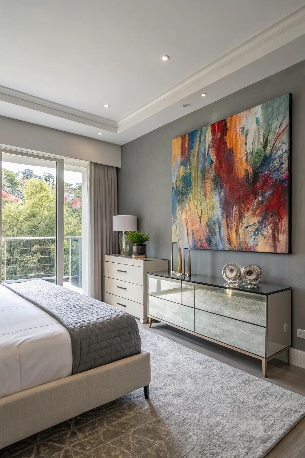 Art adds character and sophistication to the modern bedroom.